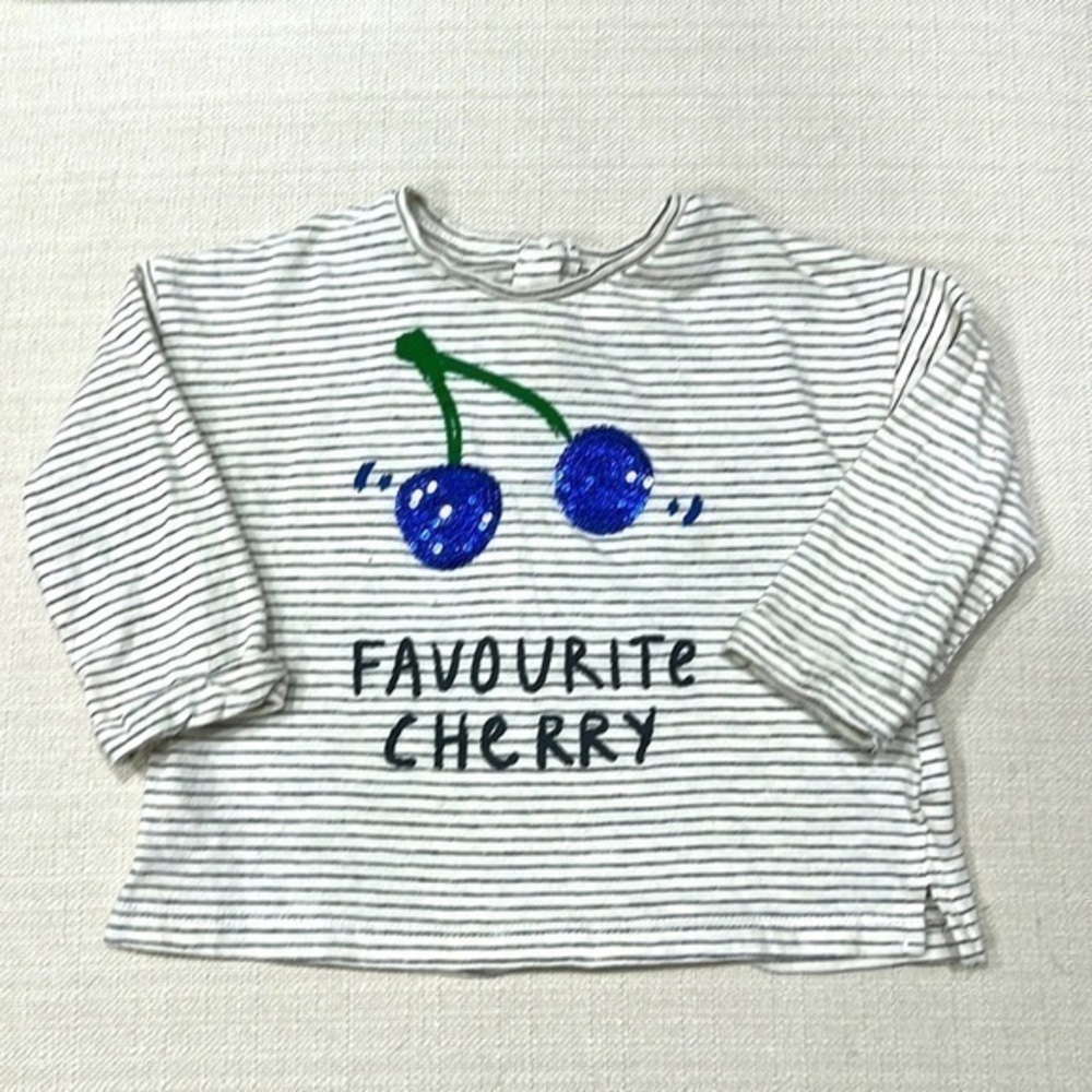 Zara long sleeve shirt, cream with grey stripe and blue sequins cherry